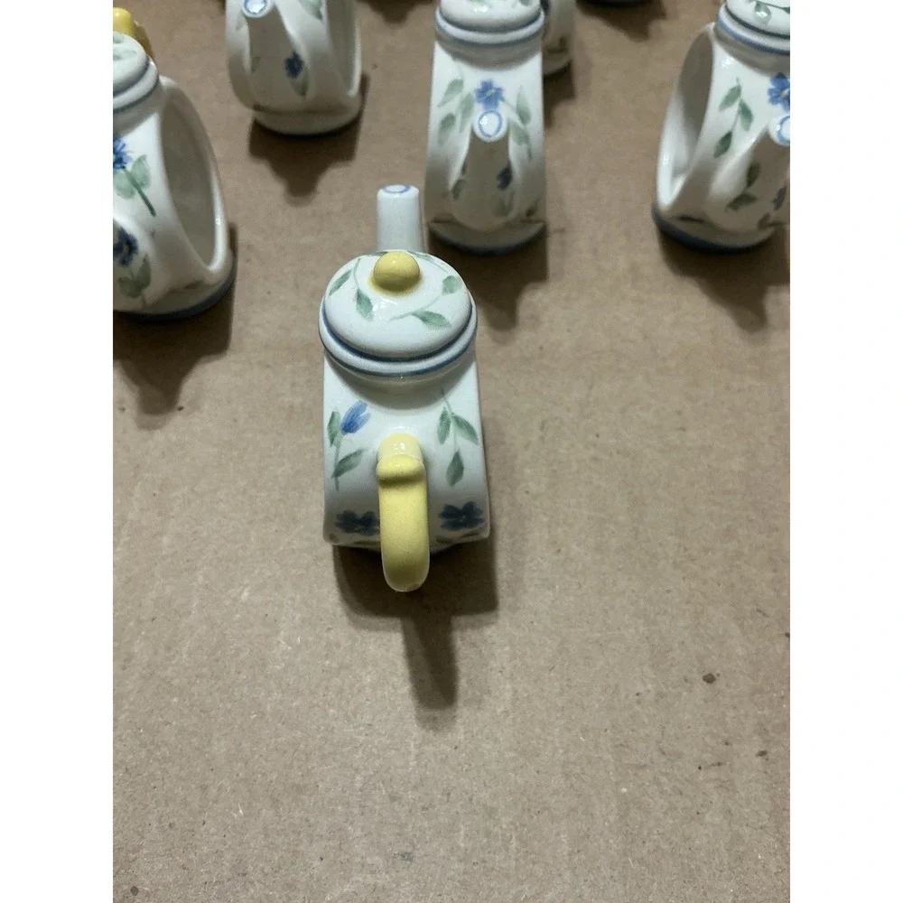 10 Vintage Pfaltzgraff Shelby Perennials Teapot Napkin Rings White Blue Yellow